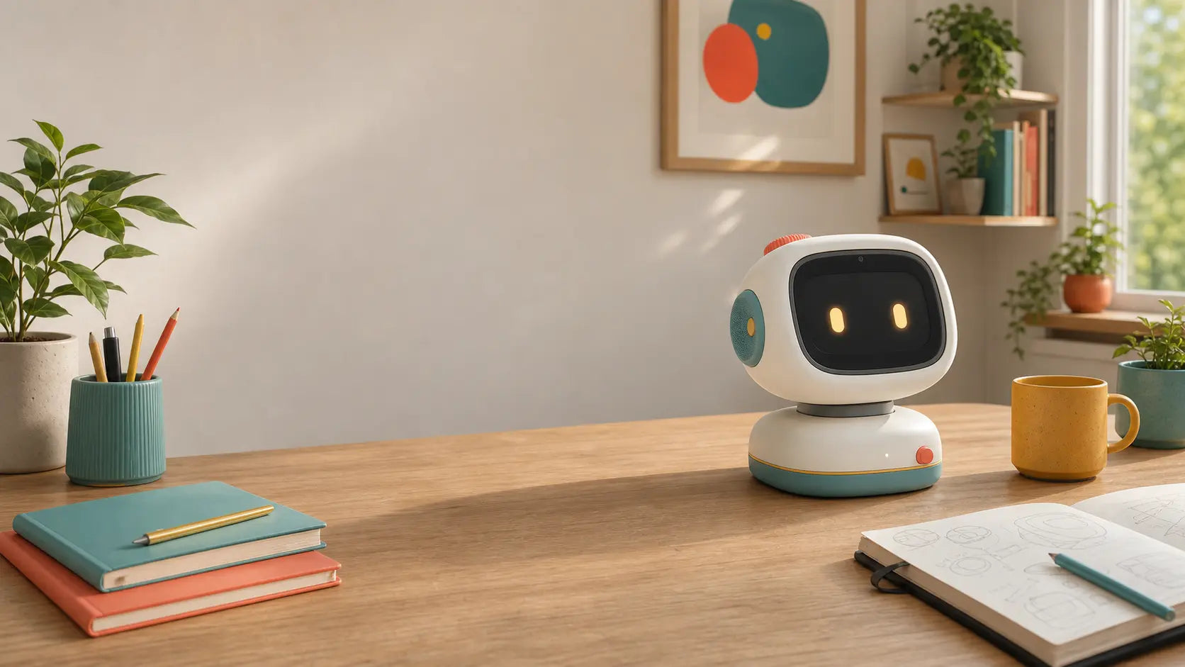 Concept illustration of Loommi, a small tabletop robot, in a warm family workspace.